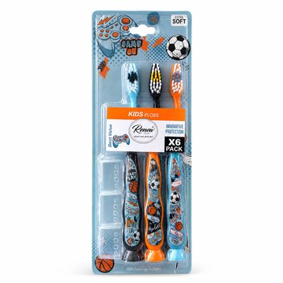 Tender Me Renew The Life Kids Toothbrush - Game On, Soft Bristle Manual Travel Tooth Brush with Caps for Boys & Girls, Extra Soft, 3 Pack