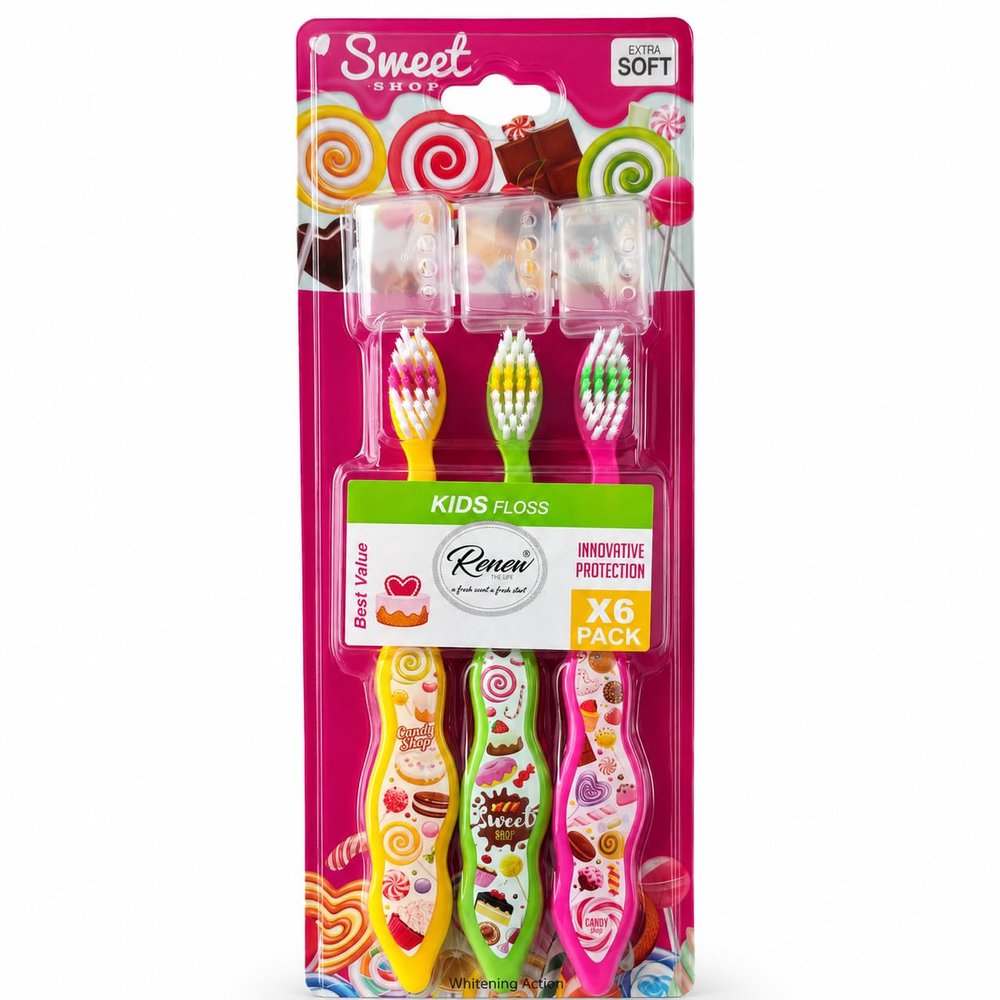 Tender Me Renew The Life Kids Toothbrush - Sweet Shop, Soft Bristle Manual Travel Tooth Brush with Caps for Boys & Girls, Extra Soft, 3 Pack
