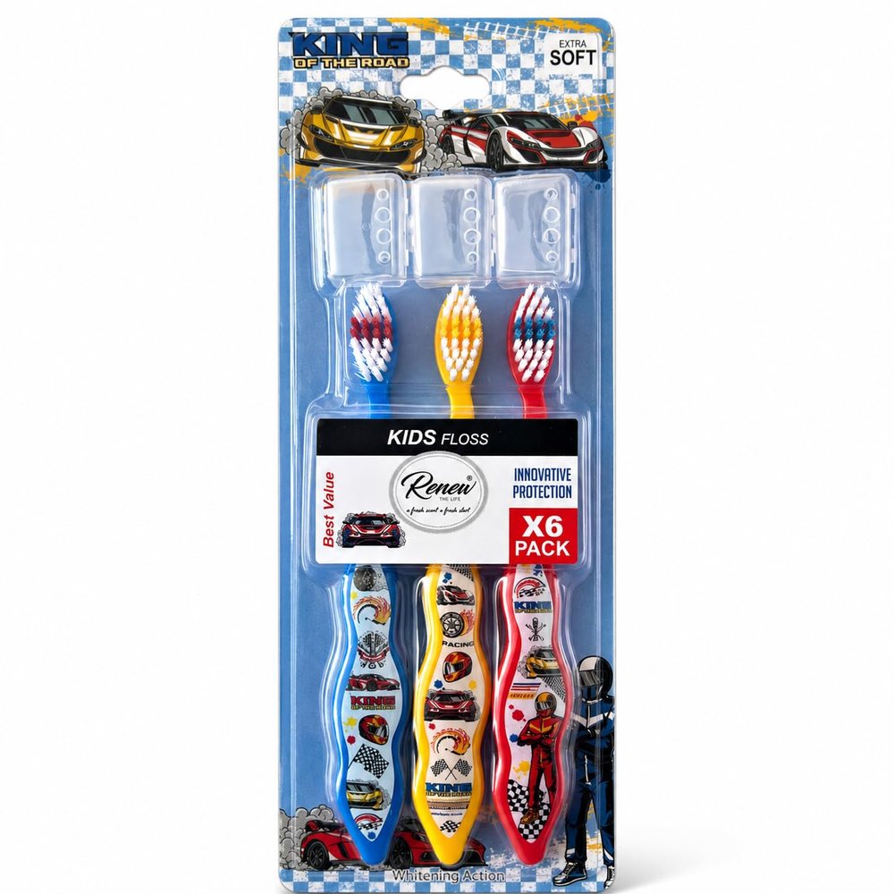 Tender Me Renew The Life Kids Toothbrush - King of the Road, Soft Bristle Manual Travel Tooth Brush with Caps for Boys & Girls, Extra Soft, 3 Pack