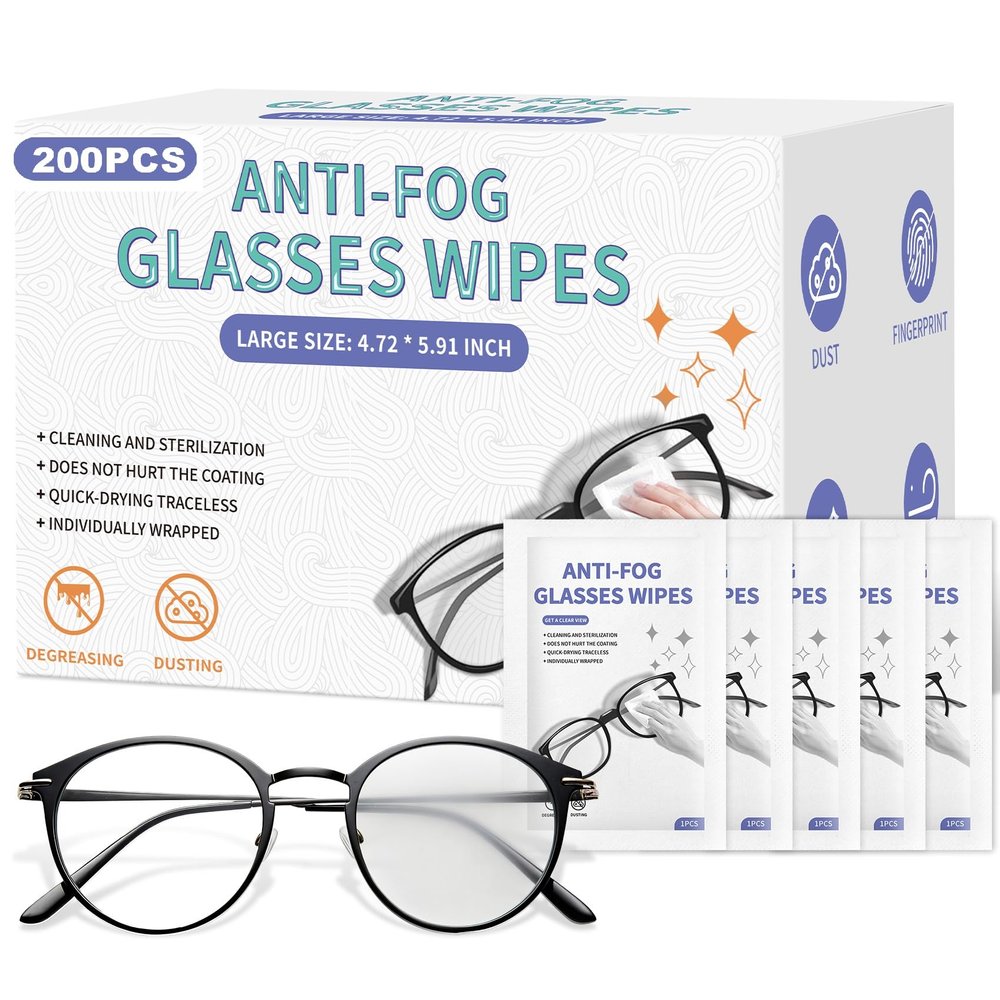 [200 Pack] Anti Fog Wipes for Glasses, Large Glasses Cleaner, Lens Wipes for Eyeglasses, Pre-Moistened Individually Wrapped Cleaning Wipes, Eyeglasses Cleaner Wipes for Camera Phone (4.72 * 5.91 inch)