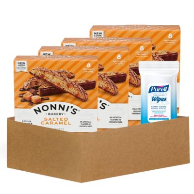 4x Nonnis Biscotti Salted Caramel 6.72 OZ Bundle with Hand Sanitizing Wipes Crunchy Italian Biscotti with Caramel Flavor Plus Convenient Wipes for On-the-Go Clean Hands Gift Set (5 Items)