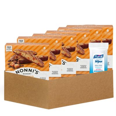 6x Nonnis Biscotti Salted Caramel 6.72 OZ Bundle with Hand Sanitizing Wipes Crunchy Italian Biscotti with Caramel Flavor Plus Convenient Wipes for On-the-Go Clean Hands Gift Set (7 Items)