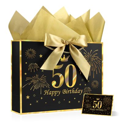 YoungTree Black Gold 50th Birthday Gift Bag with Tissue Papers and Greeting Card Ribbon, Foil Stamping 50 Year Old Birthday Gifts, Elegant Present Bags for 50th Birthday Party Decorations Supplies