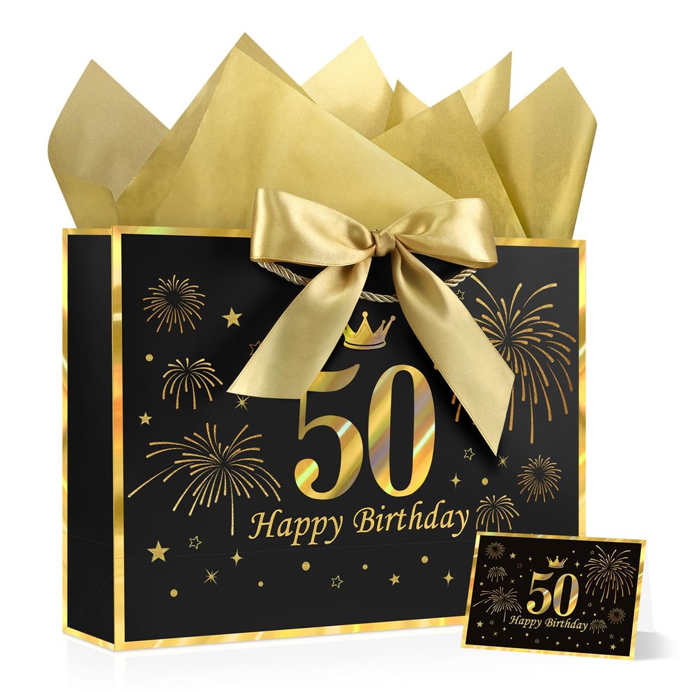 YoungTree Black Gold 50th Birthday Gift Bag with Tissue Papers and Greeting Card Ribbon, Foil Stamping 50 Year Old Birthday Gifts, Elegant Present Bags for 50th Birthday Party Decorations Supplies