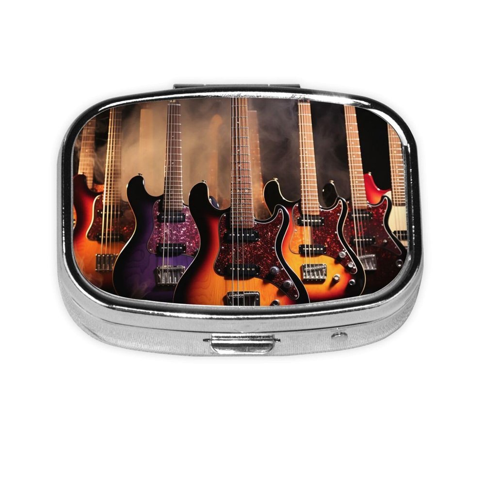 Pill Box with Mirror 2 Compartment Cool Electric Guitar Small Pill Case for Purse Or Pocket Mini Metal Pill Holder Travel Weekly Medicine Tablet Vitamin Holder Organizer Travel Gifts