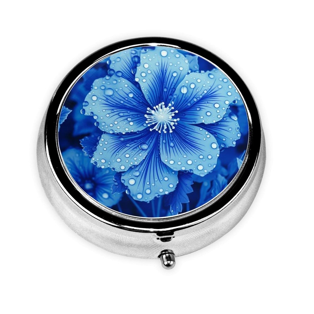 Round Pill Box Blue Flower Pill Case for Purse & Pocket 3 Compartment Pill Organizer Portable Travel Pillbox Medicine Pill Holder Container for Daily Vitamin Cod Liver Oil Storage
