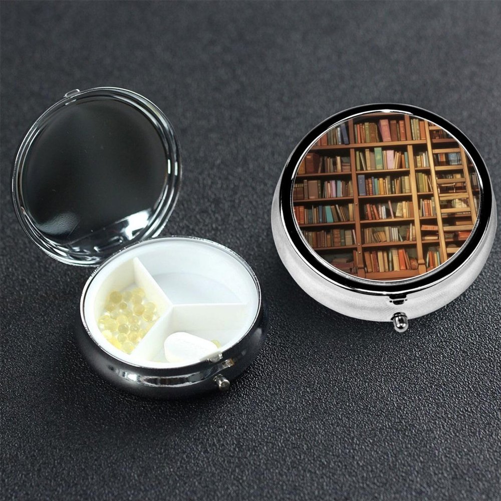 Pill Box 3 Compartment Metal Medicine Pill Organizer Library Bookshelf Pill Case for Purse or Pocket Cute Mini Portable Pill Holder Travel Pill Container to Hold Supplements, Vitamins, Fish Oil