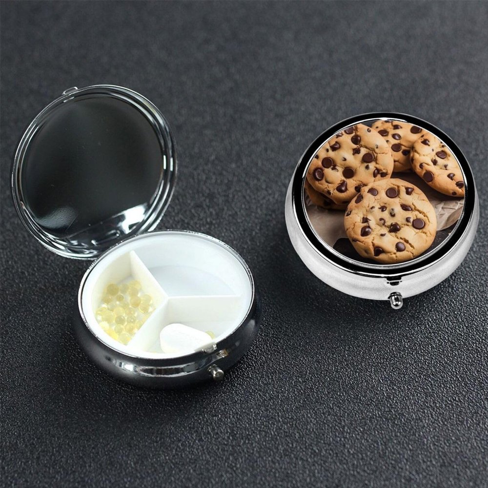 Chocolate Chip Biscuits Pill Box 3 Compartment Round Metal Pill Case for Purse & Pocket, Portable Medicine Organizer Travel Pillbox Daily Pill Container Holder to Hold Vitamins, Fish Oil