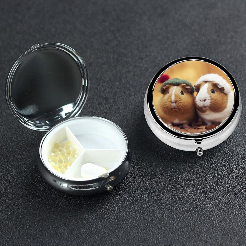 Cute Guinea Pigs Pill Box 3 Compartment Round Metal Pill Case for Purse & Pocket, Portable Medicine Organizer Travel Pillbox Daily Pill Container Holder to Hold Vitamins, Fish Oil