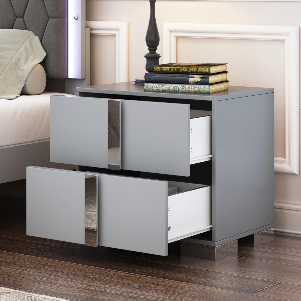 Bellemave Nightstand with 2 Drawers,Mirrored Bedside Table with Metal Foot,Night Stand for Bedroom,Wooden End Table for Living Room (Gray)