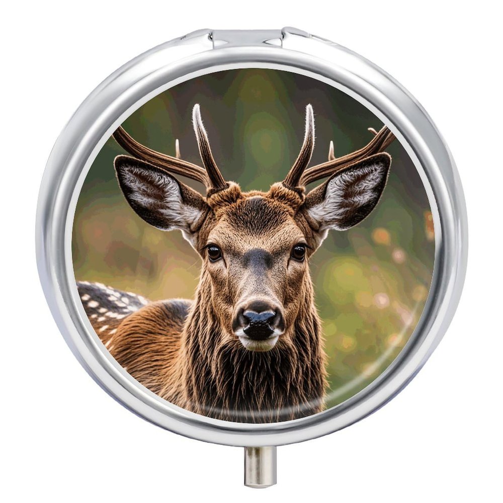 Wildlife Deer Bear Elk Pill Box 3 Compartment Waterproof Pill Case with Mirror Portable for Purse Pocket Daily Medicine Vitamin Organizer Travel Med Container Holder for Fish Oil Supplements