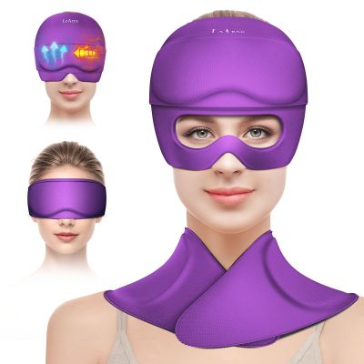 3 in 1 Migraine Relief Cap Neck Ice Pack Wrap Gel and Ice Eye Masks, Detachable Ice Caps with Eyes Masks, Hot and Cold Therapy for Relief of Headaches, Stiff Neck and Eye Fatigue (Purple)