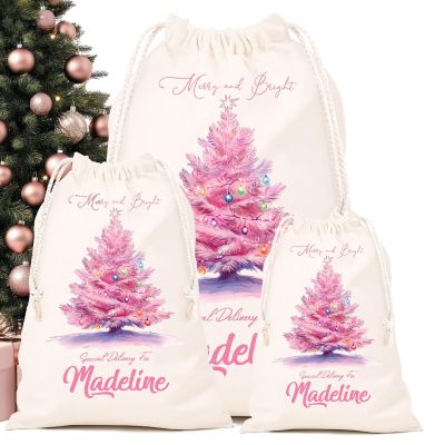 UOZGUY Custom Pink Christmas Santa Sack, Personalized Drawstring Canvas Santa Bag with Your Name, Large Xmas Gift Wrap for Girls Women, 27" 17" 12.5 Inches, Wishing for a Pink Christmas, Tree-4