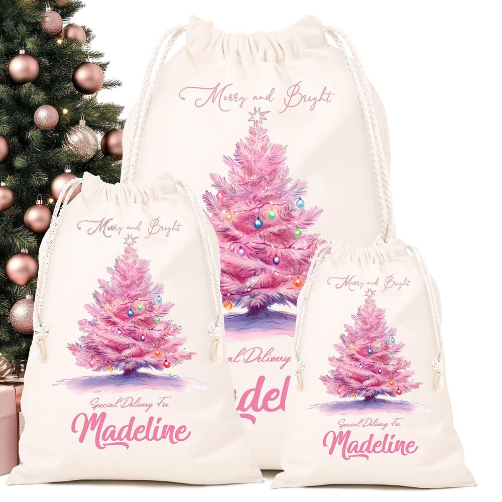 UOZGUY Custom Pink Christmas Santa Sack, Personalized Drawstring Canvas Santa Bag with Your Name, Large Xmas Gift Wrap for Girls Women, 27" 17" 12.5 Inches, Wishing for a Pink Christmas, Tree-4