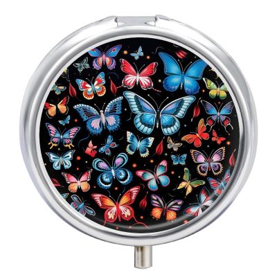 Zeeland Butterfly Metal Pill Organizer, 3 Compartment Waterproof Pill Case with Mirror for Purse Pocket Bag, Daily Medicine Vitamin Holder, Portable Travel Med Container(Round)