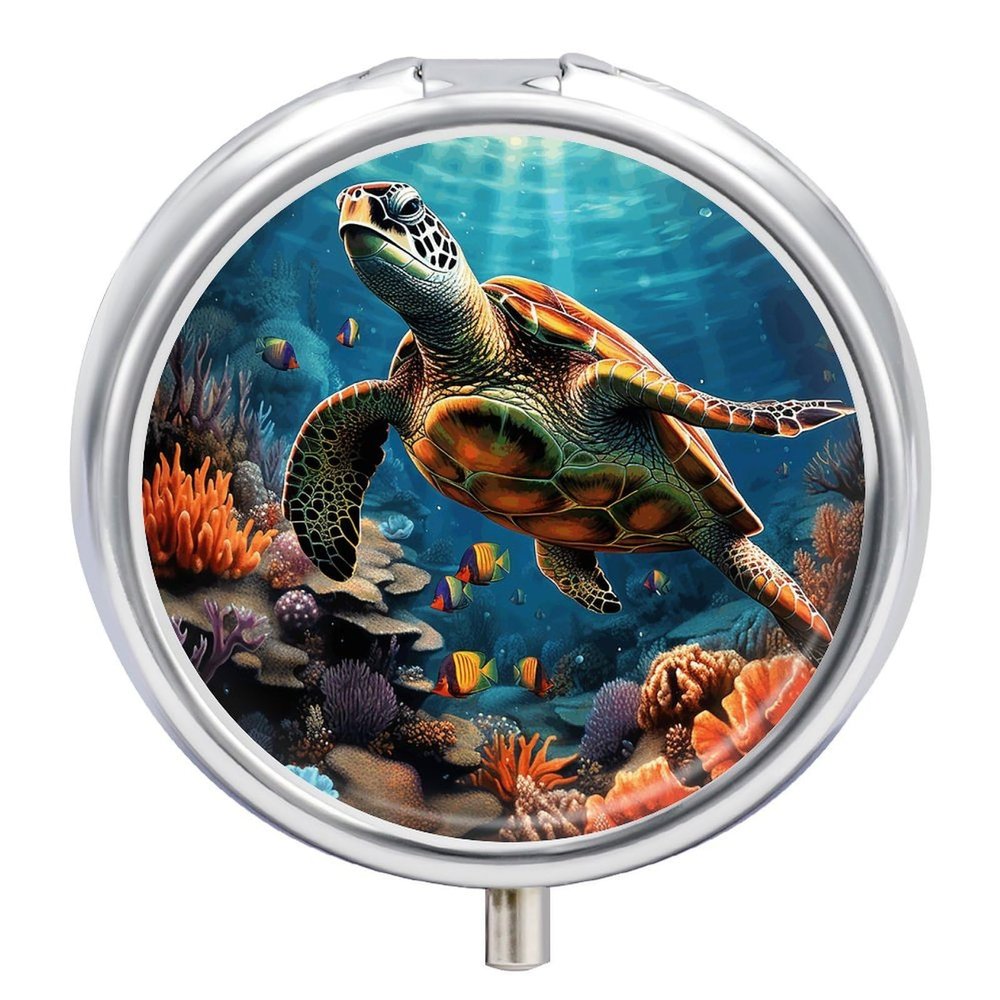 Sea Turtles Diamond Painting Pill Box 3 Compartment Waterproof Pill Case with Mirror Portable for Purse Pocket Daily Medicine Vitamin Organizer Travel Med Container Holder for Fish Oil Supplements