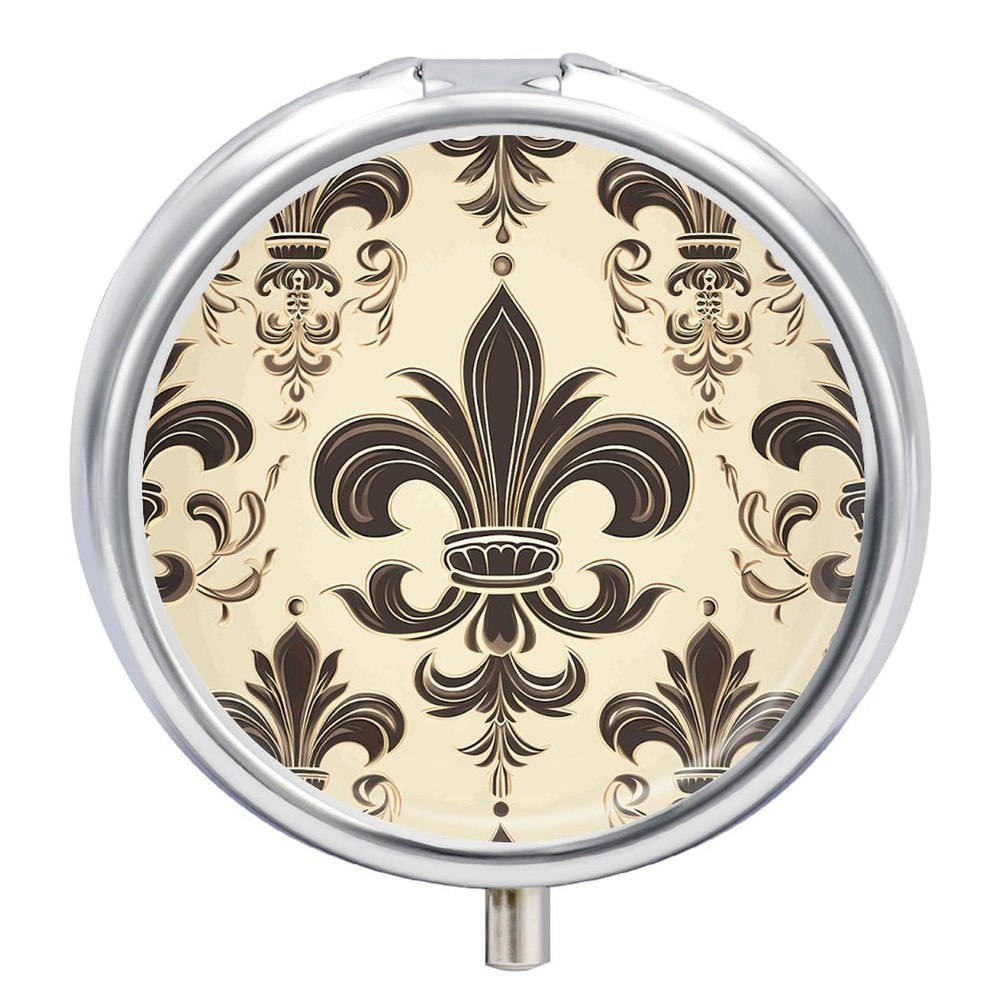 Fleur-de-Lis And Coat Arms Knight Pill Box 3 Compartment Waterproof Pill Case with Mirror Portable for Purse Pocket Daily Medicine Vitamin Organizer Travel Med Container Holder for Fish Oil Supplement