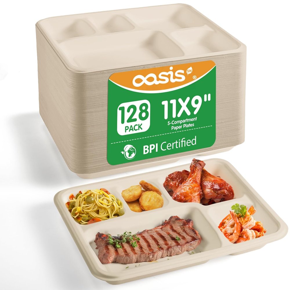OasisSN 11x9 128-Pack 5-Compartment Meal Trays, Larger & Deeper Heavy Duty Divided Plates, Compostable Bagasse, Microwave Safe, School Lunch, Catering, Party(Natural)