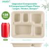 OasisSN 11x9 128-Pack 5-Compartment Meal Trays, Larger & Deeper Heavy Duty Divided Plates, Compostable Bagasse, Microwave Safe, School Lunch, Catering, Party(Natural) view 2
