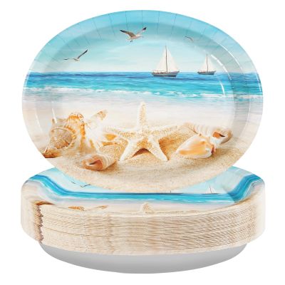 50Pcs Nautical Beach Oval Paper Plates Seashell Starfish 10" x 12" Large Heavy Duty Disposable Beach Plates Nautical Ocean SeaShells Platters for Hawaiian Ocean Themed Summer Sea Bday Party Supplies