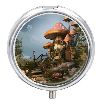 Mushroom Garden Pill Box 3 Compartment Waterproof Pill Case with Mirror Portable for Purse Pocket Daily Medicine Vitamin Organizer Travel Med Container Holder for Fish Oil Supplements