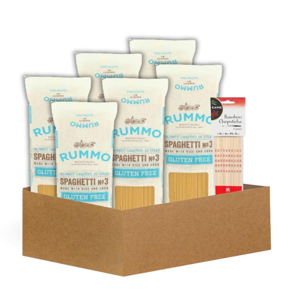 6x Rummo Pasta Spaghetti 12 OZ Bundle with Bamboo Chop Stck Pair Slow-Dried Durum Wheat Spaghetti with Eco-Friendly Utensils for Cooking or Serving Gift Set (7 Items)