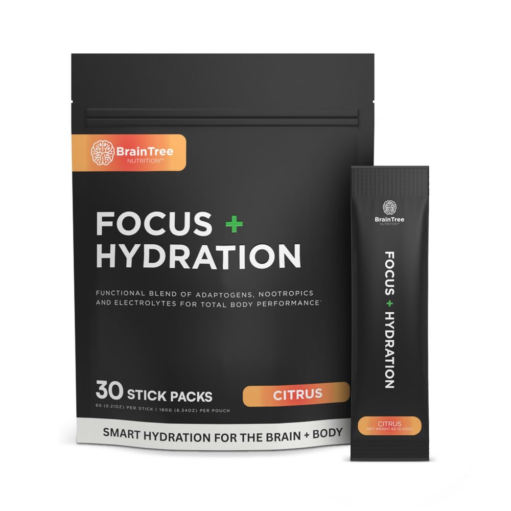 BrainTree Nutrition - Focus + Hydration - Electrolyte Drink Mix - Total Body Hydration - Supports Cognitive Function, Energy & Muscle Recovery - Sugar Free - Refreshing - 30 Stick Packs