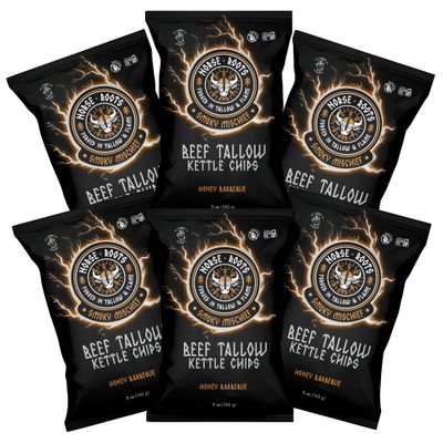 Norse Roots Beef Tallow Potato Chips Smoky Mischief (Honey BBQ) Seed Oil Free Kettle Chips, Gluten Free, 6 Pack, 5 oz Bags