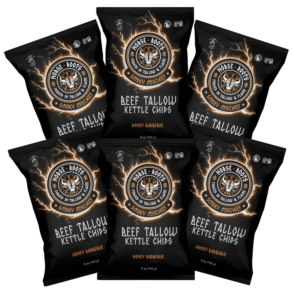 Norse Roots Beef Tallow Potato Chips Smoky Mischief (Honey BBQ) Seed Oil Free Kettle Chips, Gluten Free, 6 Pack, 5 oz Bags
