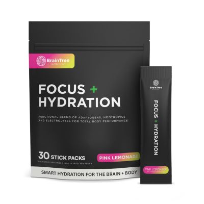 BrainTree Nutrition - Focus + Hydration - Electrolyte Drink Mix - Total Body Hydration - Supports Cognitive Function, Energy & Muscle Recovery - Sugar Free - Pink Lemonade - 30 Stick Packs