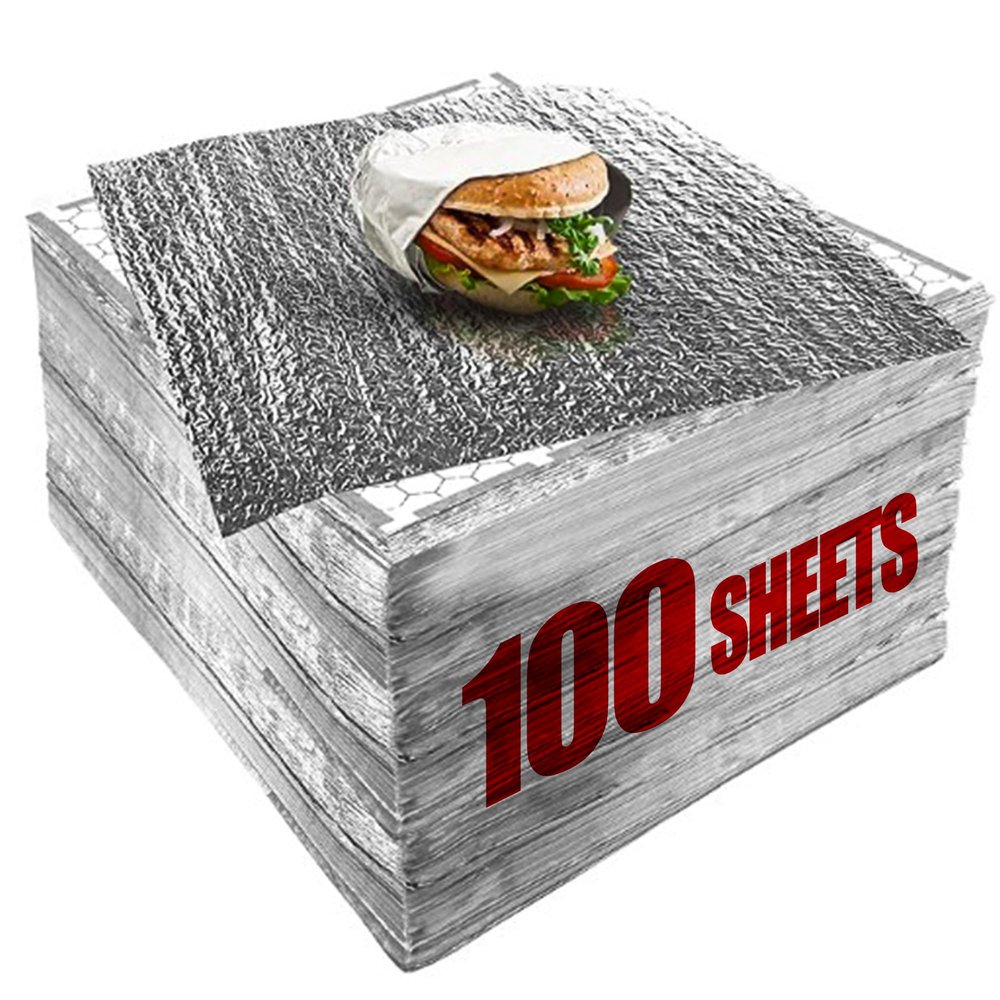 100 Packs Heavy Duty Insulated Aluminum Foil Sheets 14" x 10.3" Disposable Food Wraps for Sandwiches, Burritos, BBQ, Burgers, Hot & Cold Food