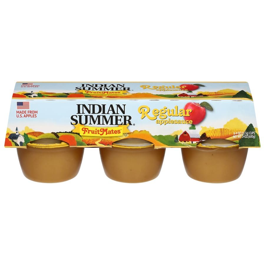 Indian Summer Single Serve Regular Apple Sauce, Individually Packed Applesauces, 6 Single Cups, 4 Ounces Each (Regular)