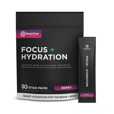 BrainTree Nutrition - Focus + Hydration - Electrolyte Drink Mix - Total Body Hydration - Supports Cognitive Function, Energy & Muscle Recovery - Sugar Free - Berry - 30 Stick Packs