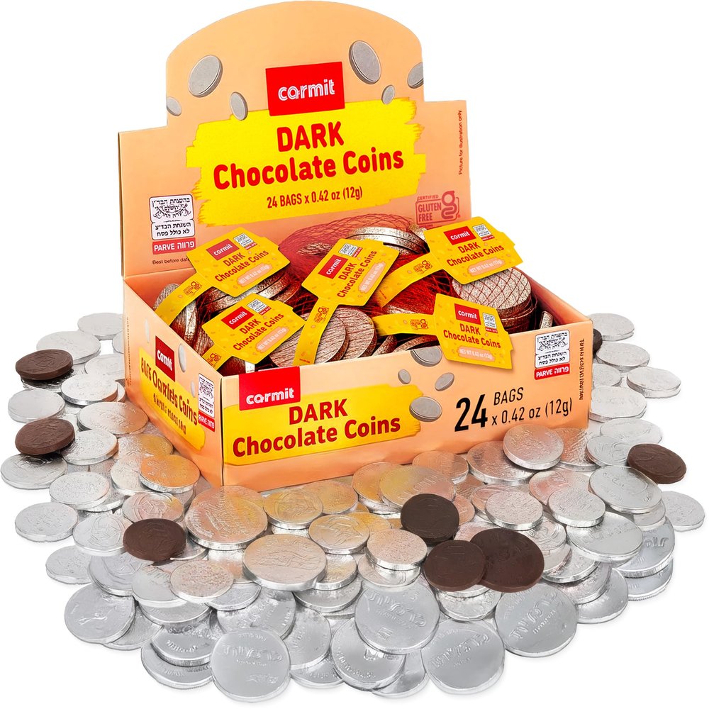 Silver Real Dark Chocolate Coins, (24 Bags = 72 Coins) | Dairy Free | Individually Wrapped Hanukkah Gelt - Mixed Sizes | Holiday Candy, Party Favors | Gluten Free | Perfect for Chanukah Dreidel Games! By Carmit