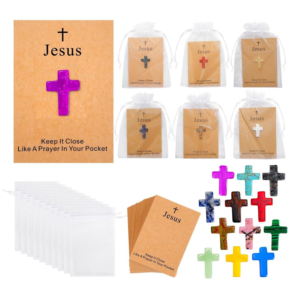 100 Pack Cross Crystal Stone Bulk Set with Greeting Cards & Gift Bags, Natural Crystal Pocket Hug Tokens, Religious Keepsake Gifts for Friends, Family, Bible Study Group