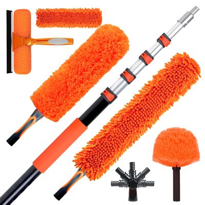 26FT High Reach Duster Cleaning Kit with 5-20 FTExtension Pole, High Ceiling Fan Cleaner Duster Tool for Fan Blades, Extendable Reusable Cobweb, Feather, Window Cleaning Squeegee Kit(20FT)