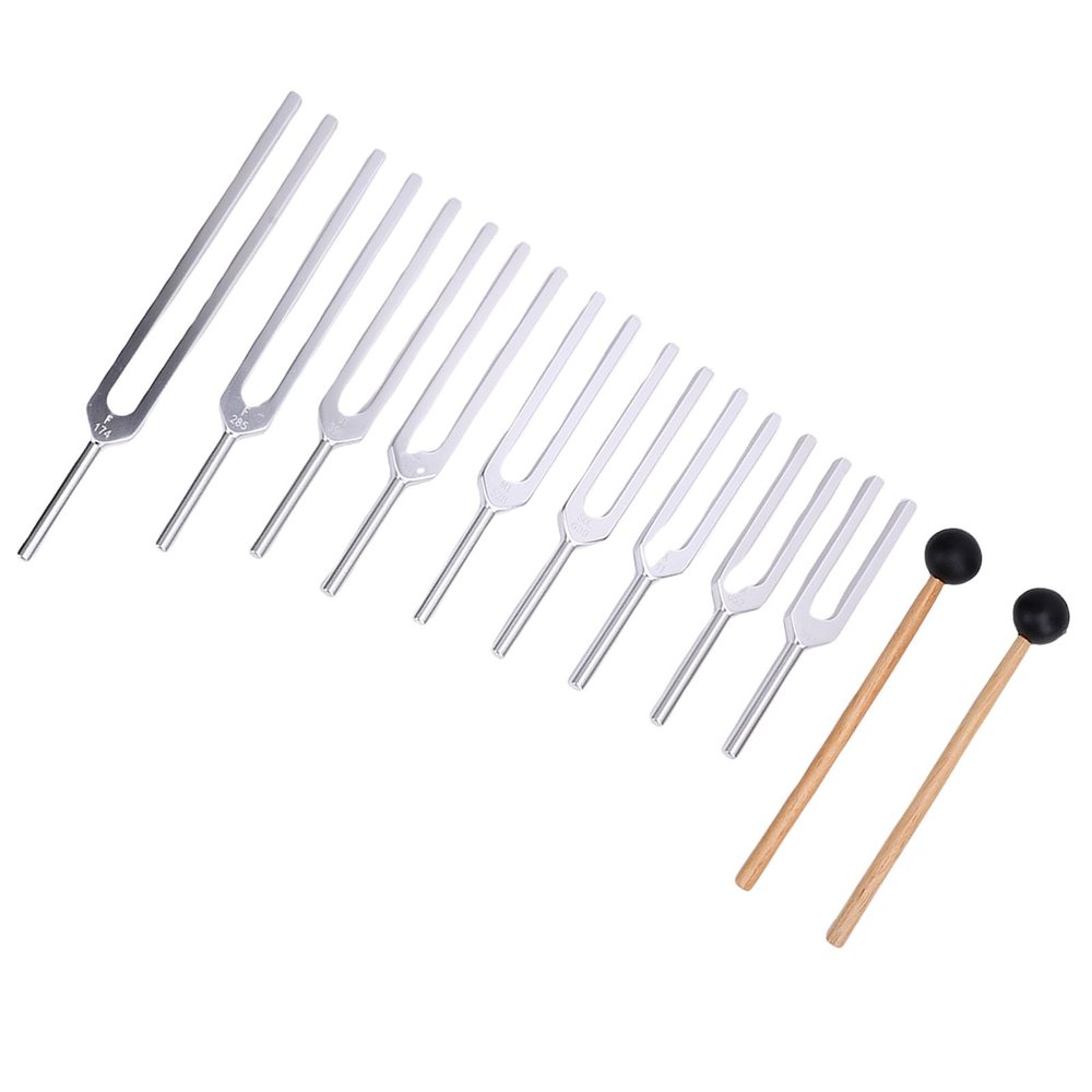 Matybobe Aluminum Alloy Sensory Tuning Fork Set for Healing 9 Pcs 174HZ 285 396 417 528 639 741 852 963HZ Frequencies Meditation Massage Silver Wood