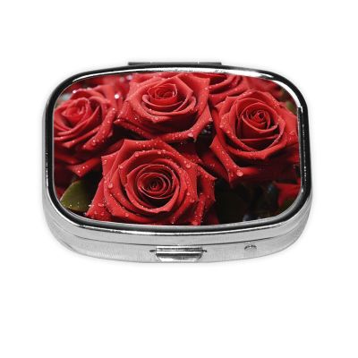 Pill Box with Mirror 2 Compartment Red Rose Small Pill Case for Purse Or Pocket Mini Metal Pill Holder Travel Weekly Medicine Tablet Vitamin Holder Organizer Travel Gifts