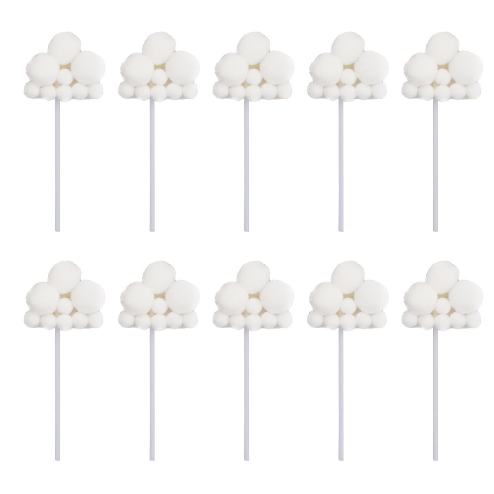 10pcs Fluffy Cloud Cupcake Toppers - Plush Yarn Ball Cake Decorations for Baby Shower, Birthday, Wedding Party Supplies (White)