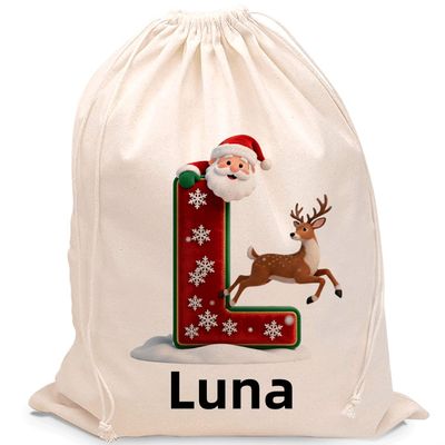JugJug Personalized Christmas Gift Bag with Custom Name, Santa & Reindeer Flight Initial Design, Festive Canvas Sack for Kids, Reusable Holiday Gift Wrap (D26)