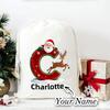 JugJug Personalized Christmas Gift Bag with Custom Name, Santa & Reindeer Flight Initial Design, Festive Canvas Sack for Kids, Reusable Holiday Gift Wrap (D26) view 3