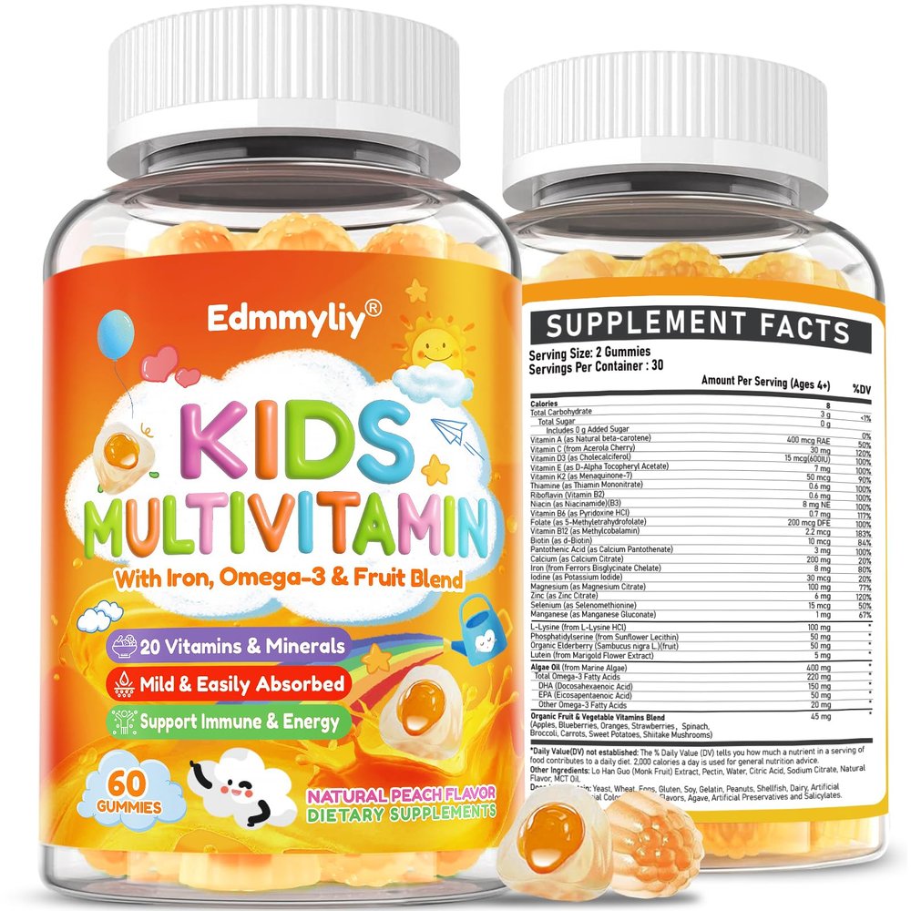 Kids Multivitamin Gummies - Vitamins A D3 K2, Methylated B-Complex with Omega-3, Iron for Immune & Development Support - Organic Mixed-Berry Flavor Multivitamins for Kids Daily - Sugar Free & Vegan