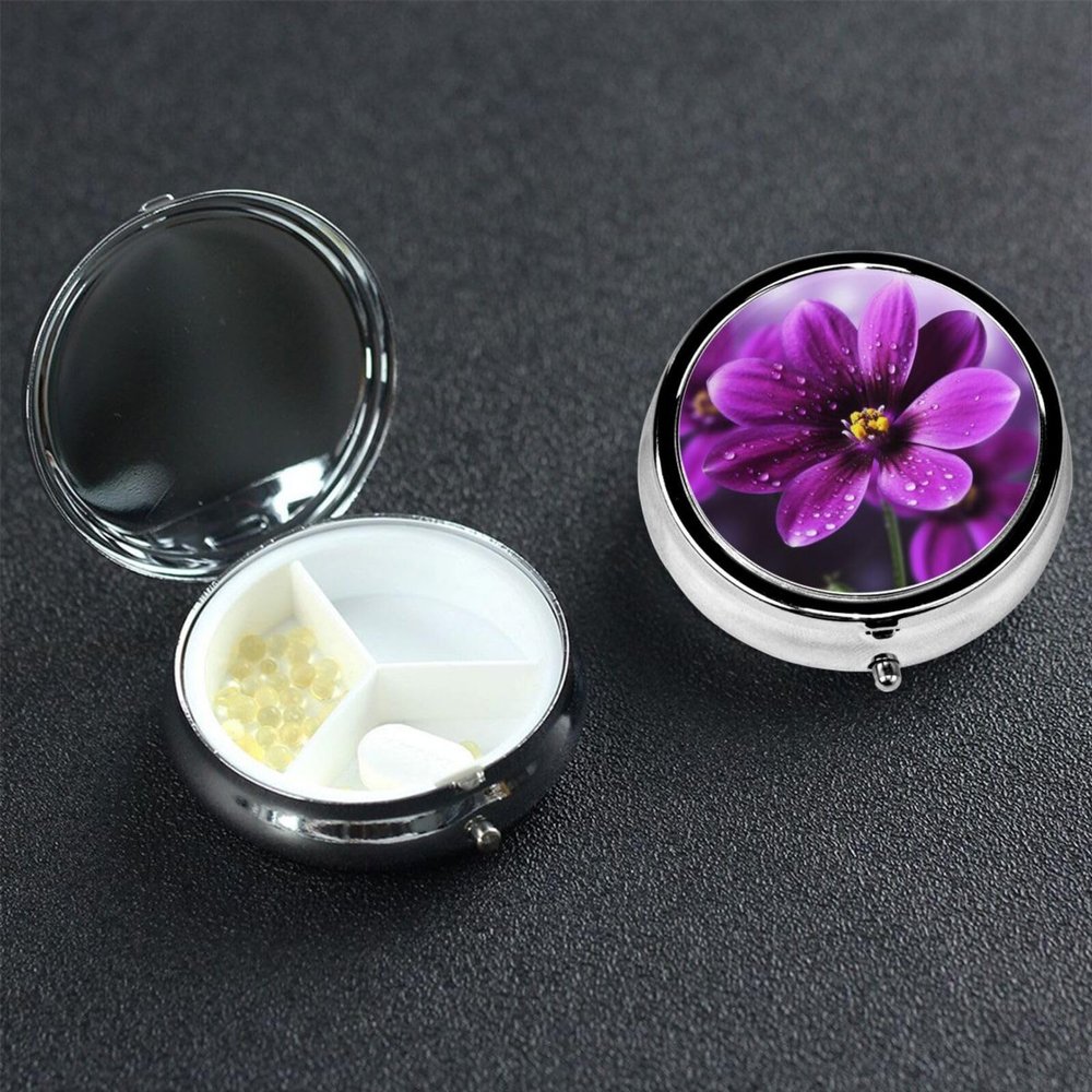 Purple Flower Pill Case 3 Compartments, Metal Round Portable Pill Box with Mirror, Waterproof Travel Pill Organizer for Purse & Pocket, Small Medicine Vitamin Holder Unique Gift