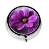 Purple Flower Pill Case 3 Compartments, Metal Round Portable Pill Box with Mirror, Waterproof Travel Pill Organizer for Purse & Pocket, Small Medicine Vitamin Holder Unique Gift view 2
