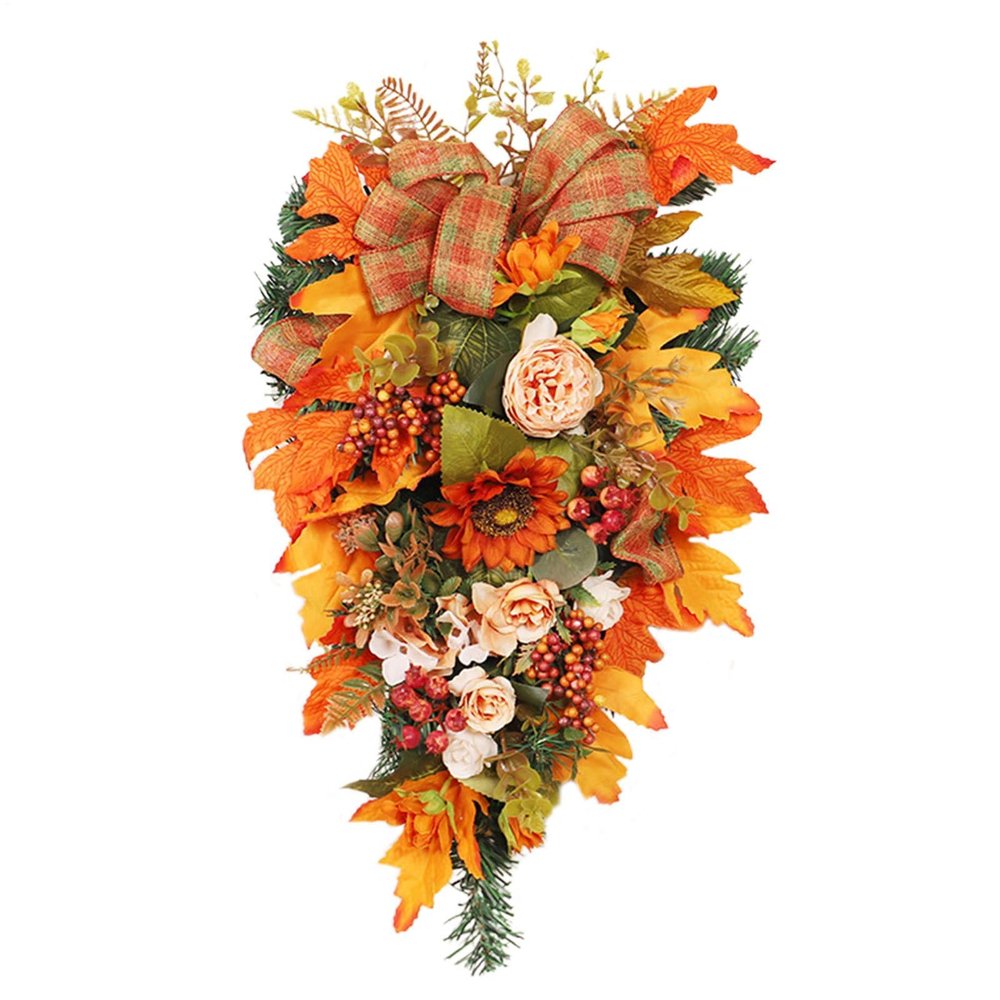 Maple Leaf Door Hanger Fall Flowers Wreath Thanksgiving Decoration Garland Hanging Maple Leaf Fall Decoration Simulation Garland Pendant Window Decor (B)