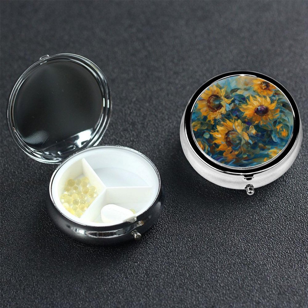 Sunflowers Pill Box 3 Compartment Round Metal Pill Case for Purse & Pocket, Portable Medicine Organizer Travel Pillbox Daily Pill Container Holder to Hold Vitamins, Fish Oil