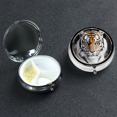 Tiger Pill Box 3 Compartment Round Metal Pill Case for Purse & Pocket, Portable Medicine Organizer Travel Pillbox Daily Pill Container Holder to Hold Vitamins, Fish Oil