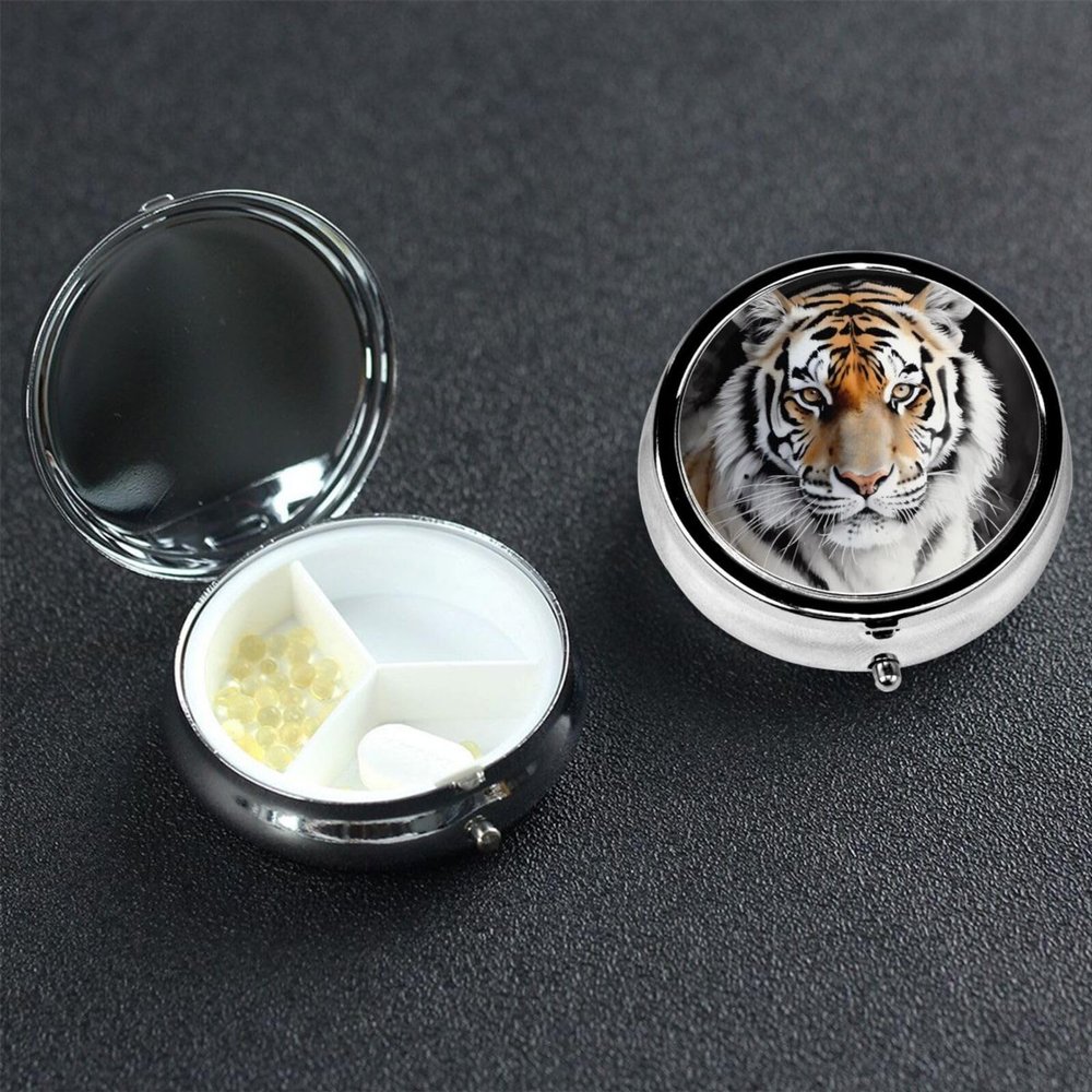 Tiger Pill Box 3 Compartment Round Metal Pill Case for Purse & Pocket, Portable Medicine Organizer Travel Pillbox Daily Pill Container Holder to Hold Vitamins, Fish Oil