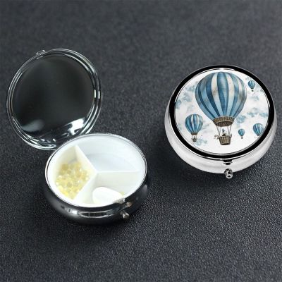 Blue Hot Air Balloon Pill Case 3 Compartments, Metal Round Portable Pill Box with Mirror, Waterproof Travel Pill Organizer for Purse & Pocket, Small Medicine Vitamin Holder Unique Gift