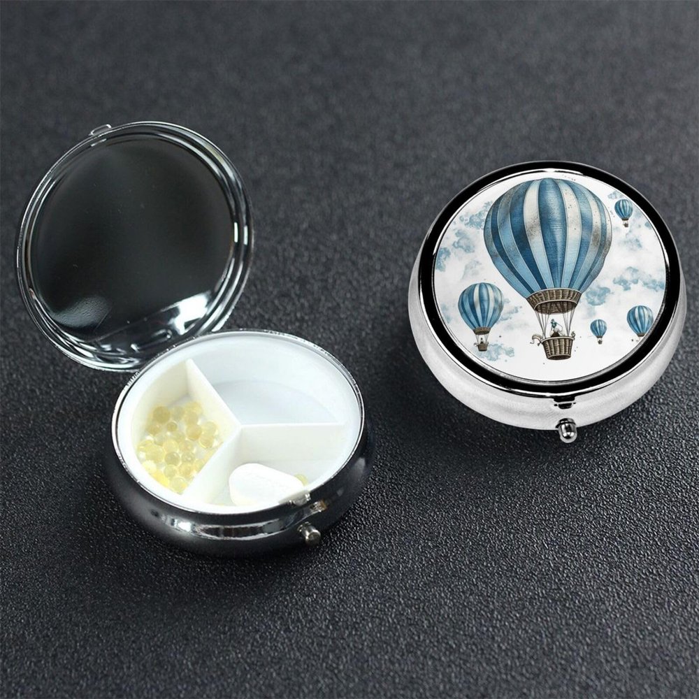Blue Hot Air Balloon Pill Case 3 Compartments, Metal Round Portable Pill Box with Mirror, Waterproof Travel Pill Organizer for Purse & Pocket, Small Medicine Vitamin Holder Unique Gift